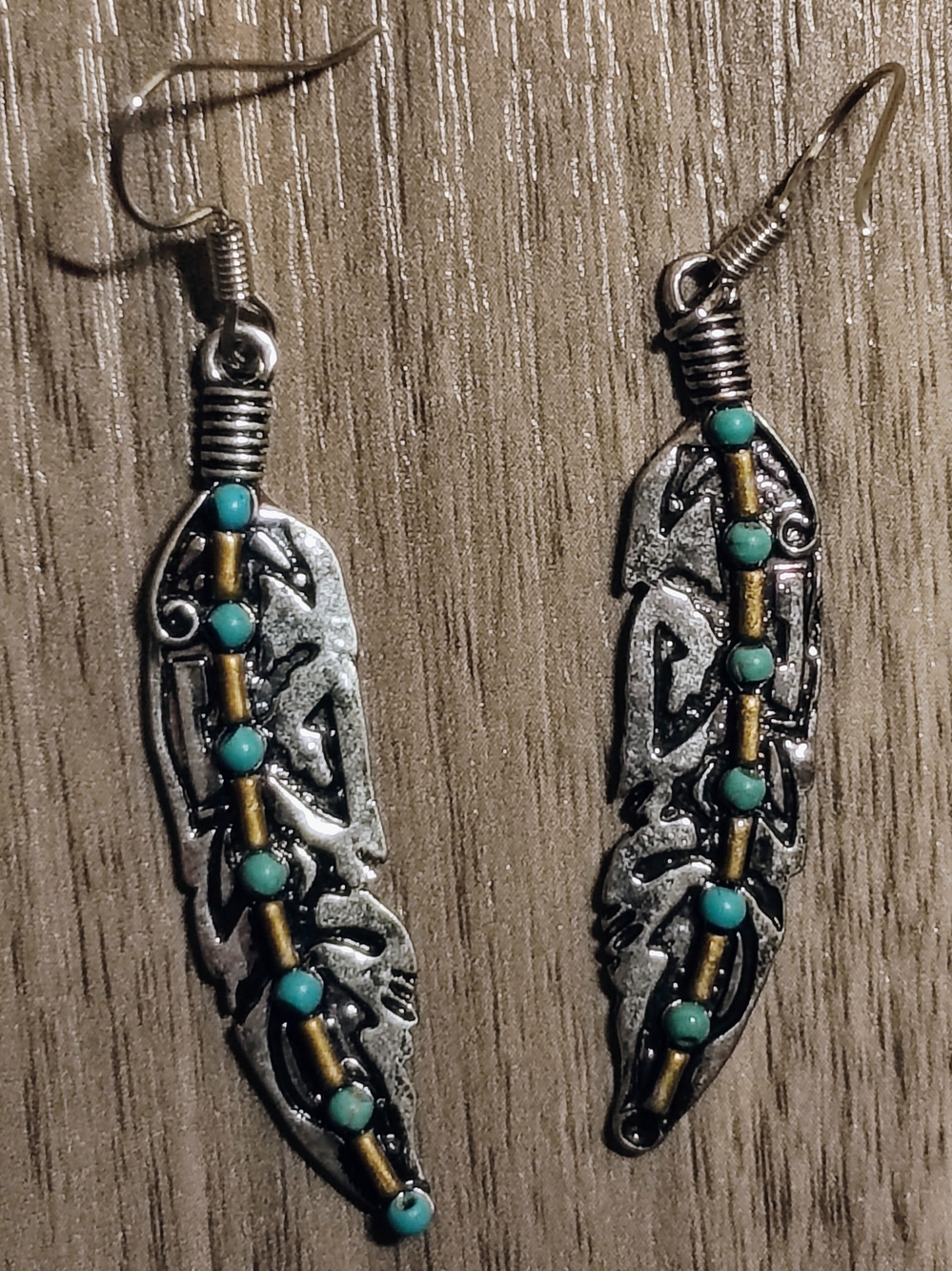 Turquoise Accent Silver Feather Drop Earrings